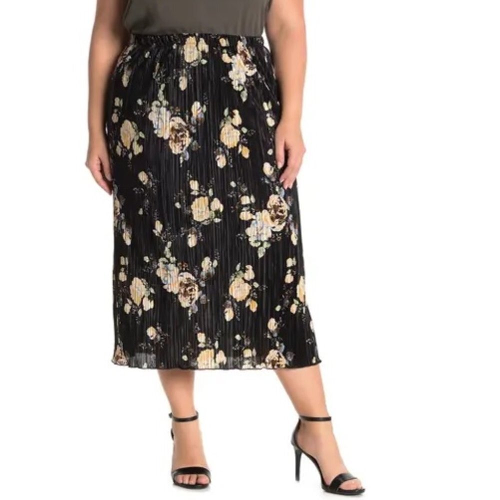 Everleigh Floral Plisse Satin Midi Skirt